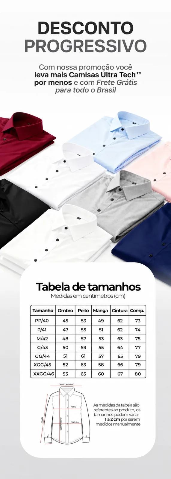 Desconto progressivo e tabela de tamanhos